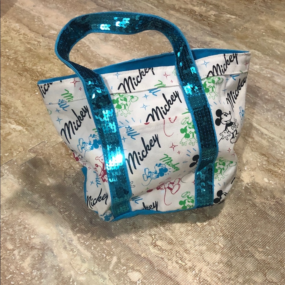 Disney's Mickey Mouse Sequin Trim Canvas Tote in White and Teal